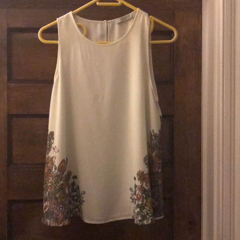 White & Floral Crepe Sleeveless Blouse